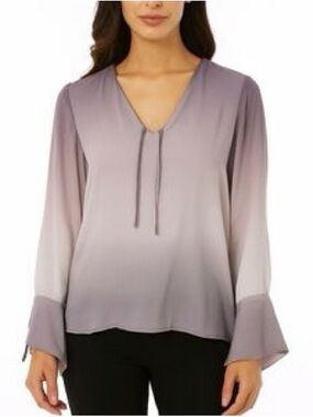 Ecru 100% silk Women’s Lavender Ombre V-Neck Tie Front Blouse